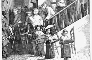 Shaker community going to dinner, each carrying their own typical, simple Shaker chair. Mount Lebanon Community, Lebanon Springs, New York State. From The Graphic, London, 1870. Wood engraving.