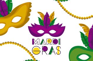 mardi gras poster with several carnival mask with colorful feathers and necklaces over white background