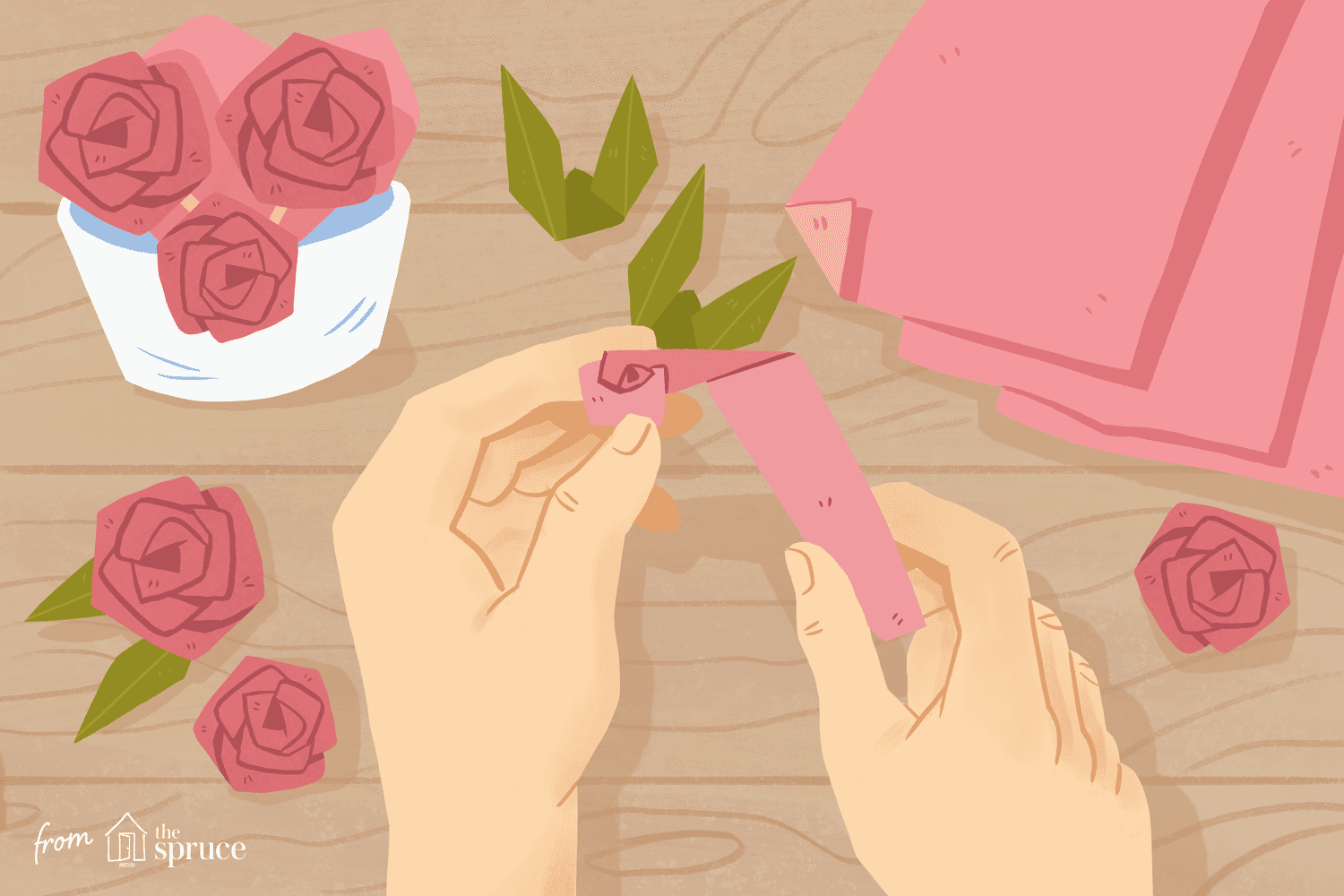 插图的手折叠折纸玫瑰