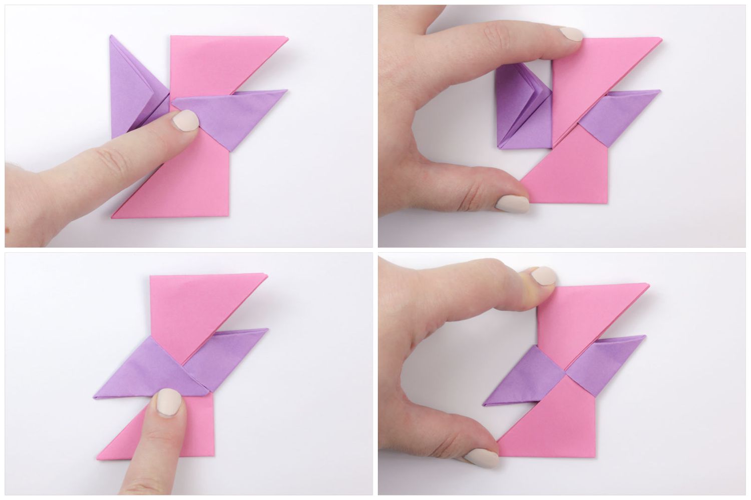 将粉色和紫色的纸连接在一起形成一个折纸星星。
