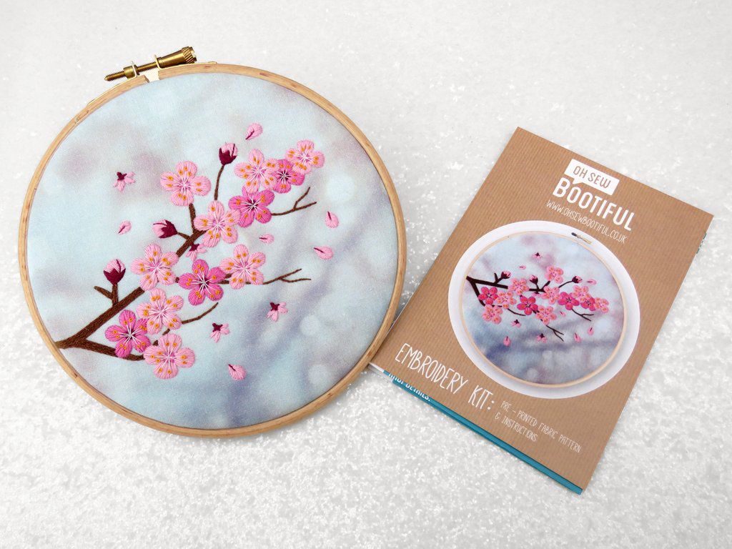 Cherry Blossom Embroidery on Printed Background Fabric