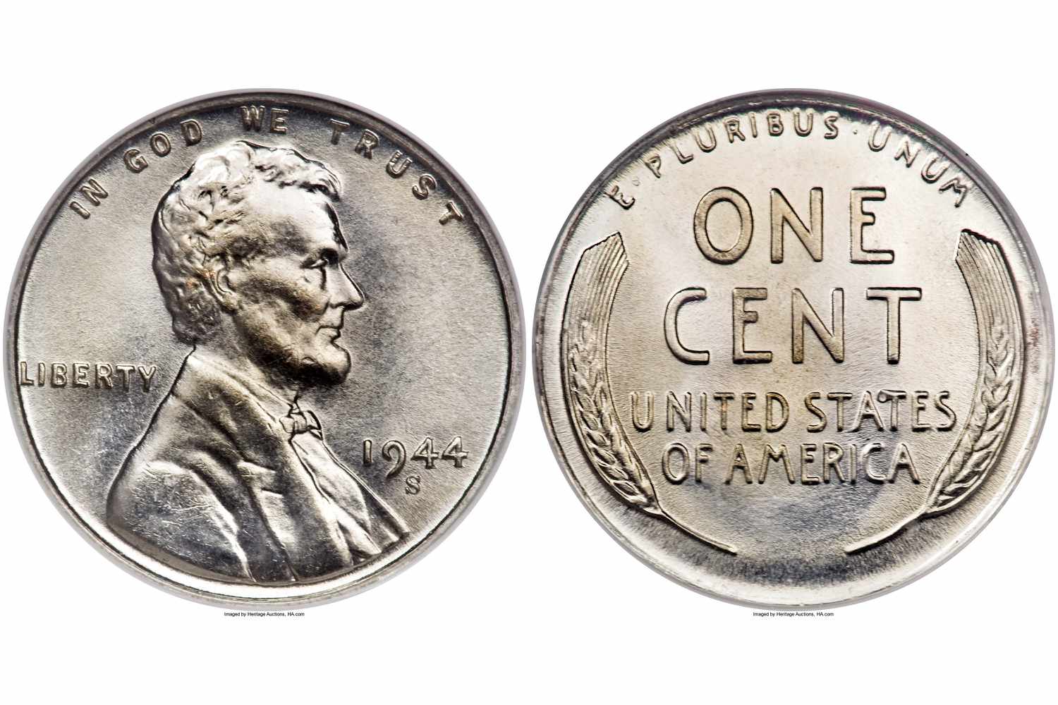 1944-S林肯便士在未流通的条件下被镀锌钢小板击中