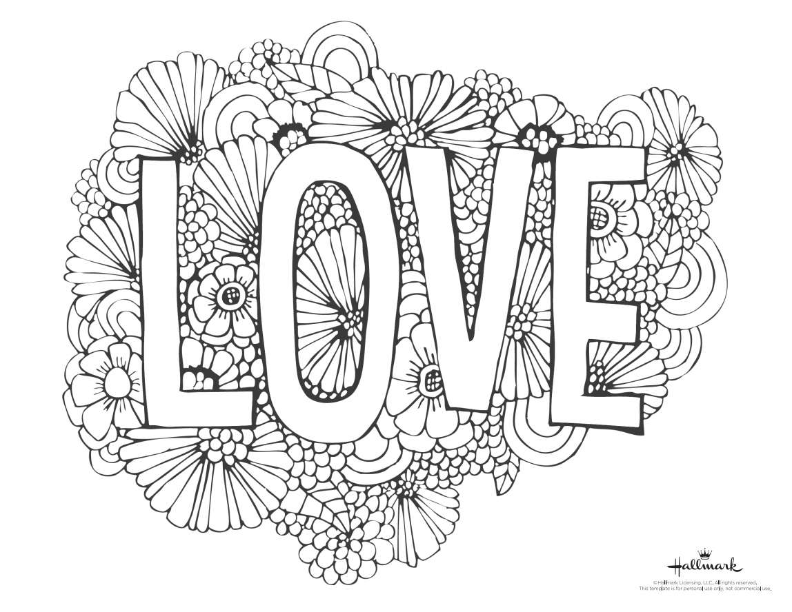 情人节着色页面以单词“Love"和花开花